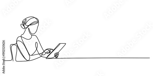 A minimalist continuous line drawing of a person sitting at a desk and using a digital tablet isolated on white background, Vector, illustration