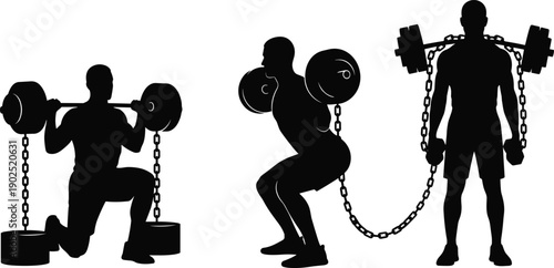 Black silhouette vector of strength training exercises with chained barbells, featuring squat, lunge and standing poses, powerful fitness workout concept, bodybuilding illustration isolated on white 