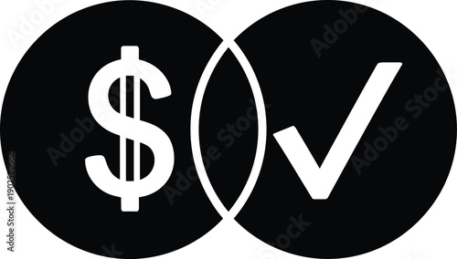 Minimalist black and white vector illustration of overlapping dollar and check symbols, financial approval concept, payment verification icon, accounting, fintech branding, isolated on white 