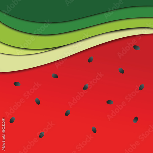 Watermelon paper cut abstract banner background, red fruit flesh and green layered rind vector