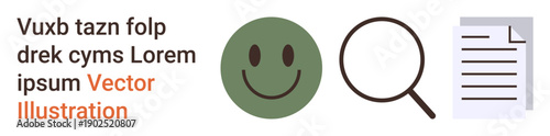 Feedback evaluation, research, data analysis, user interface, productivity, document review. Circular happy face, magnifying glass to a paper document. Feedback evaluation and research concepts
