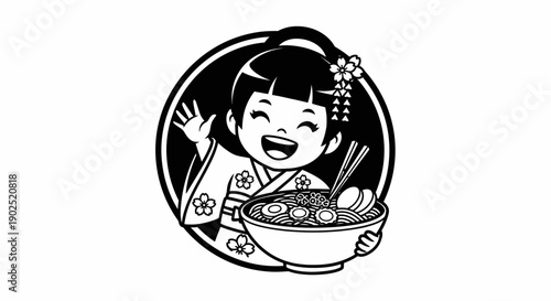 Happy Japanese girl in kimono holding a bowl of ramen noodles, waving hello.