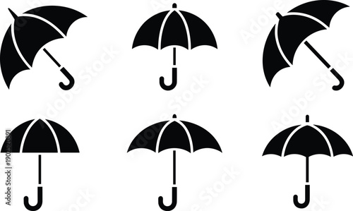 Black umbrella silhouette variations isolated on white background, rain protection icon collection, minimalist weather symbol vector illustration set