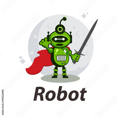 Green Cartoon Robot Character with Sword.