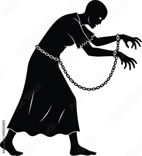 Chained prisoner silhouette walking forward with shackles and chains, symbolic vector illustration of captivity, oppression, human rights concept, isolated on white background, dramatic black artwork