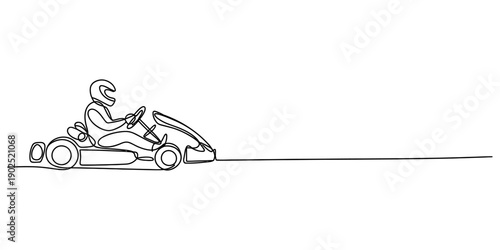 Continuous one line drawing of a person driving a go-kart on a race track. isolated on white background, Vector, illustration