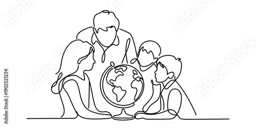 Teacher showing a globe to children in a continuous line drawing style for education concept isolated on white background, Vector, illustration