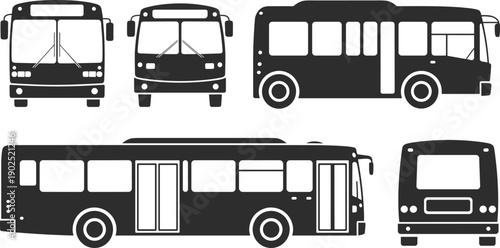 Set of city bus silhouettes from front side and rear views isolated on white background for public transport design use