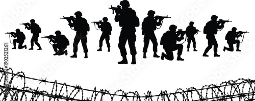 Soldier silhouettes set with rifles in various tactical poses behind barbed wire, black vector illustration isolated on white background for military, war, defense, security, patrol concepts