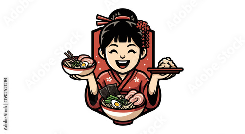 Happy Japanese Woman Serving Delicious Ramen Noodles and Sushi.