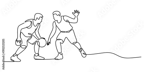 Continuous line drawing of two basketball players competing on the court during a game. isolated on white background, Vector, illustration