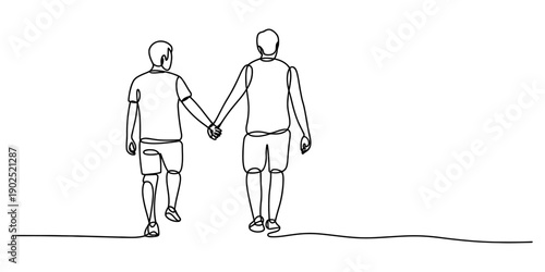 Continuous line drawing of two men holding hands and walking together outdoors isolated on white background, Vector, illustration