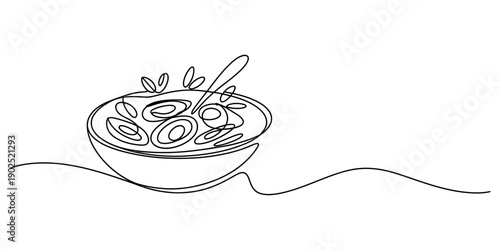 Single line drawing of a bowl of healthy breakfast cereal with a spoon and garnish. isolated on white background, Vector, illustration