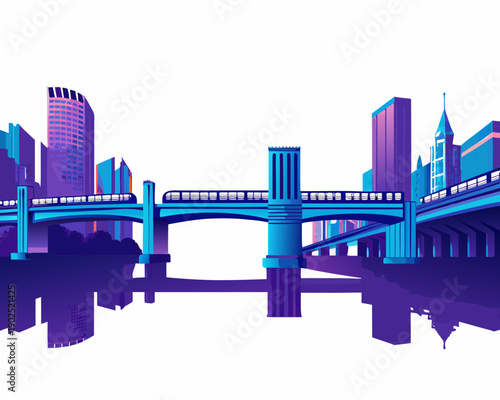 A futuristic cityscape with a bridge and reflected buildings