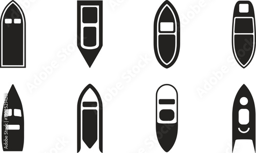 Boat silhouettes top view collection isolated on white background, black ship and vessel icons set, minimalist marine vector illustration