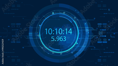 Digital clock display with binary code and futuristic circuit board design
