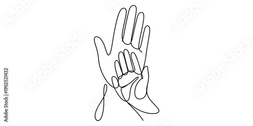 Continuous line drawing of a large hand protecting a small child hand in a minimalist style isolated on white background, Vector, illustration