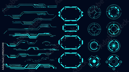 Futuristic user interface elements in bright cyan on a dark background