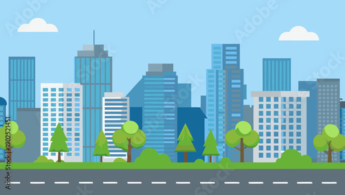 A vibrant flat illustration depicts a modern city skyline with trees