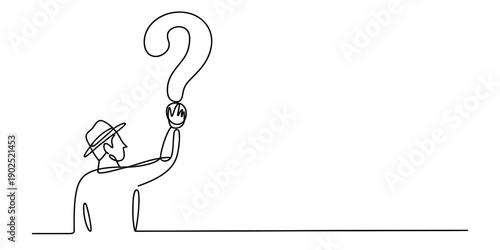 Minimalist continuous line drawing of a man in a hat holding a large question mark symbol isolated on white background, Vector, illustration