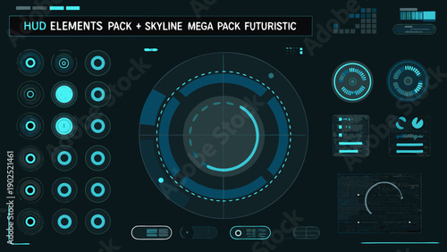 Futuristic hud elements pack with glowing blue circular and linear interfaces