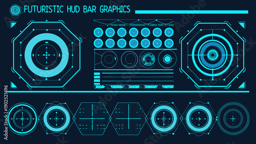 Futuristic heads up display elements with glowing blue hexagonal and circular graphics
