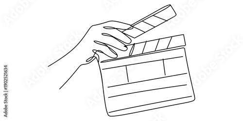 A simple line drawing of a hand holding a movie clapperboard for a film production. isolated on white background, Vector, illustration
