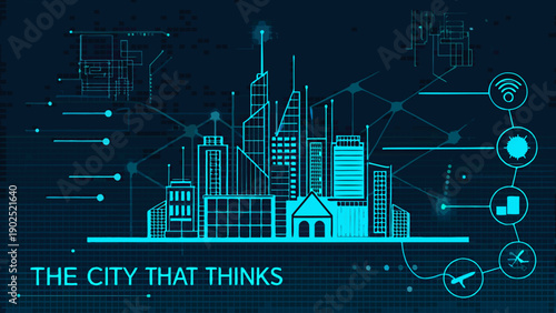 A futuristic cityscape visualization with glowing lines and digital connections