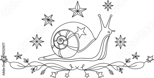 Cute snail line art illustration with decorative stars and floral border, minimalist black and white vector drawing isolated on white background for coloring pages, kids art, tattoo design