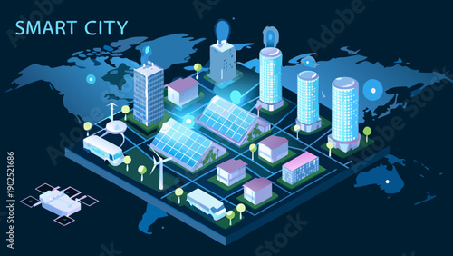 Isometric illustration of a futuristic smart city with global connections