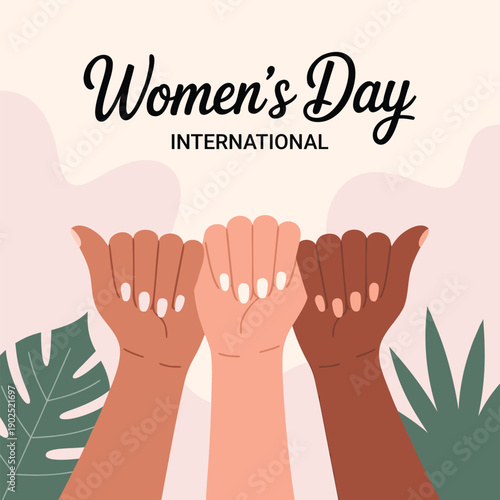 Women day banner with diverse female fists raised in protest and strength