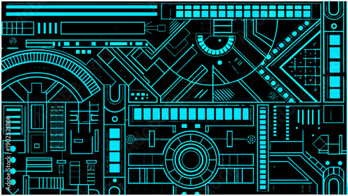 Abstract blueprint of futuristic technology with glowing cyan lines