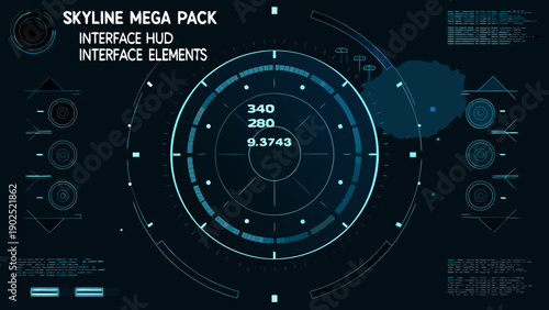 Futuristic interface elements and hud design with circular radar display