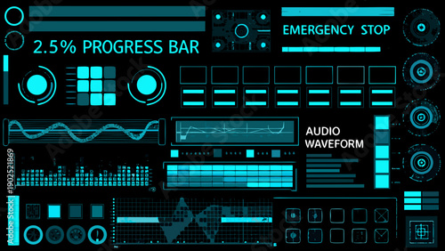 Futuristic interface displaying digital data progress bars and waveform visualizations