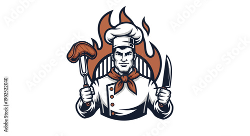 Professional chef holding grilling tools with fiery background.