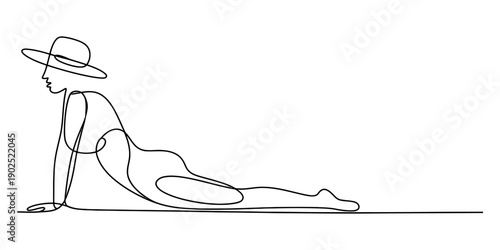 Minimalist continuous line drawing of a woman in a yoga pose wearing a wide brimmed hat. isolated on white background, Vector, illustration