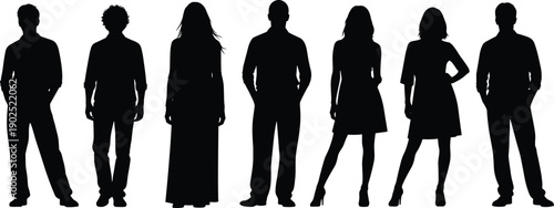 Group of diverse people silhouettes standing together, men and women full body black shadow figures, community, teamwork and crowd concept