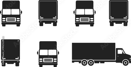 Box truck silhouettes collection isolated on white background, black delivery cargo vehicles front, rear and side view