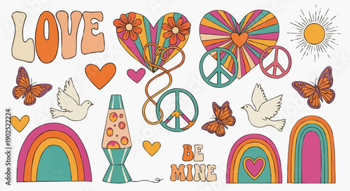 Vibrant peace symbols love hearts and rainbow stickers on white background