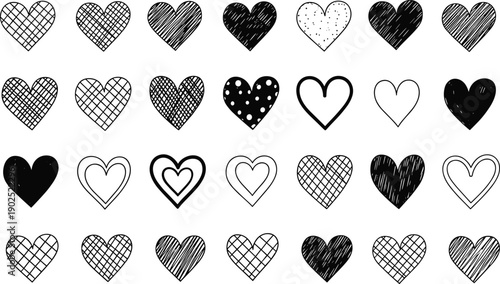 Hand drawn heart collection with sketch, crosshatch and outline styles, romantic love doodle set, black and white vector icons for design