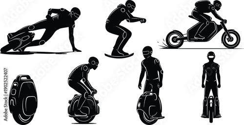Black silhouettes of people riding and standing on various vehicles transportation