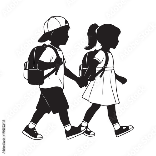 Children walking silhouette vector, school backpack illustration, sibling companionship pose, black figure art, daily routine concept, educational lifestyle design