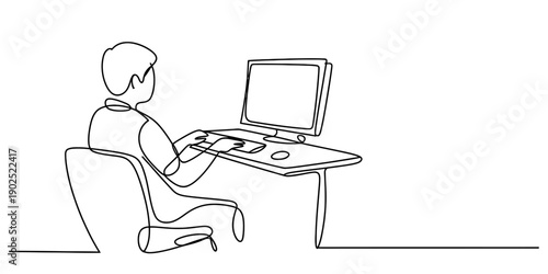 Continuous line art illustration of a person sitting at a desk and using a computer isolated on white background, Vector, illustration