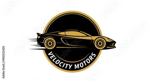 Sleek black and gold sports car logo with speed lines and circular text.
