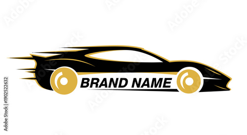 Sleek black sports car logo with golden wheels and speed lines.