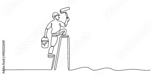 Minimalist continuous line drawing of a professional painter on a ladder with a roller and bucket isolated on white background, Vector, illustration