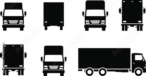 Cargo truck silhouettes collection isolated on white background, black delivery vehicles front, rear and side view vector set
