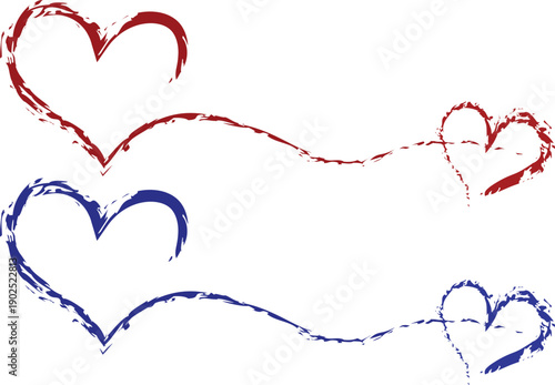 Red and Blue Heart Outline Designs with Brush Strokes, Romantic Love Symbol for Valentine's Day, Love Celebration and Connection