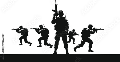 Military soldier silhouettes with rifles in combat formation, leader standing front, black vector illustration isolated on white background for army, teamwork, strategy, defense, security concept