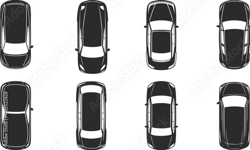 Car silhouettes top view collection isolated on white background, black automobile icons set, modern vehicle vector illustration design